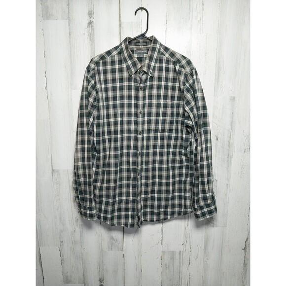 Eddie Bauer Shirt Adult Large Green White Button Up Outdoors Plaid Long Sleeve - Picture 1 of 5
